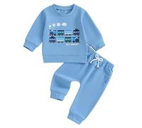 Haomibacu Little Kids Boy Casual Train Print 2 Pieces Outfits Long Sleeve Sweatshirt And Pockets Pants Autumn Toddler Boys Choo-Choo Clothes Set (Blue, 6-12 Months)
