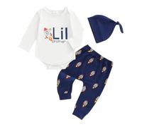 Haomibacu Newborn Boys 3 Pieces Outfits Little Brother Rocket Print Clothes Suit Romper Top+Trouser+Hat Casual Clothes Set For Baby Boys (Navy Blue, 0-3 Months)