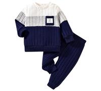Haomibacu Newborn Infant Baby Sweater Sweatshirt Long Sleeve Crew Neck Patchwork Pullover Pants 2Pcs Fall Winter Clothes Toddler Baby Clothes (Blue, 12-18 Months)