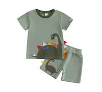 Haomibacu Summer Little Boys Shorts 2 Pieces Outfits Toddler Boy Casual Dinosaur Applique Clothes Set Short Sleeve Shirt Elastic Waist Shorts Suit (Army Green, 3-4T)