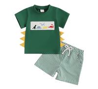 Haomibacu Toddler Boy Animal Embroidery 2 Pieces Outfits Causal Short Sleeves T-Shirt Stripe Short Set Baby Boy Shorts Clothe Set Summer (Army Green, 6-12 Months)