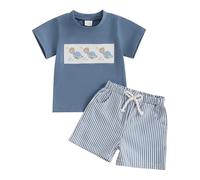 Haomibacu Toddler Boy Animal Embroidery 2 Pieces Outfits Causal Short Sleeves T-Shirt Stripe Short Set Baby Boy Shorts Clothe Set Summer (Sky Blue, 6-12 Months)
