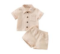 Haomibacu Toddler Boy Summer Texture Cotton 2 Piece Outfits Button Down Shirt Elastic Waist Short Suit Kids Casual Solid 2pcs Clothes Set 2-6 Years (Apricot, 2-3T)