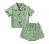 Haomibacu Toddler Boy Summer Texture Cotton 2 Piece Outfits Button Down Shirt Elastic Waist Short Suit Kids Casual Solid 2pcs Clothes Set 2-6 Years (Green, 4-5T)