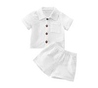 Haomibacu Toddler Boy Summer Texture Cotton 2 Piece Outfits Button Down Shirt Elastic Waist Short Suit Kids Casual Solid 2pcs Clothes Set 2-6 Years (White, 4-5T)