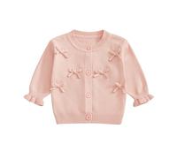 Haomibacu Toddler Infant Baby Girl Knitted Cardigan Bow Long Sleeve Crew Neck Button-Up Sweater Casual Fall Winter Baby Girl Clothes Bow Tie Girl Cardigan Toddler Cardigan (Pink, 0-6 Months)