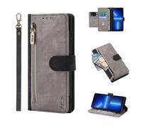 HAONANDE Wallet Case for OPPO Realme 14 Pro+ 5G Global,Zipper PU Leather Flip Folio Magnetic Shockproof Phone Cover with 6 Card Holder,2 Pocket,Kickstand,Wrist Strap,RFID Blocking Gray