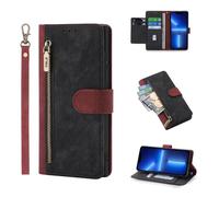 HAONANDE Wallet Case for OPPO Reno 14F 5G,Zipper PU Leather Flip Folio Magnetic Shockproof Phone Cover with 6 Card Holder,2 Pocket,Kickstand,Wrist Strap,RFID Blocking Black