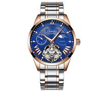 Haonb Men's Watches Fully Automatic Mechanical Watch Hollow Fashionable Night Light Waterproof Wristwatch Gold Steel Strip Between Blue-Faced Shell