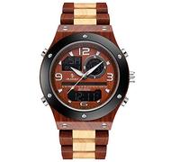 HAONB Men's Watches LCD Double Display Sandalwood Watch Waterproof Trend Leisure Bamboo and Wood Watch, Red Sandalwood