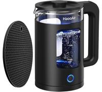 Haooair 1.5-Liter Electric Kettle, Made of Easy-To-Clean Glass Material, Boils Quickly and Silently, BPA-Free, Equipped with a Blue LED Light and a Black Mat, and Features Dry-Burn Protection.