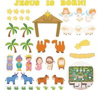 Haooryx 58Pcs Birth of Jesus Paper Cut-Outs Set Cartoon Easter Nativity Scene Cutout Religious Blackboard Border for Church School Classroom Bulletin Board Window Wall Decoration Easter Party Supplies