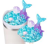 Haooryx Blue Mermaid Cup Topper Decoration Summer Mermaid Seashell Crystals Lid Plate Topper Sport Cup 40oz Accessory Cover Cap for Tumbler Water Bottle Glitter Bling Decor Women Girls Birthday Gift