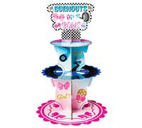 Haooryx Burnout or Bow Gender Reveal Party Decorations Cupcake Stand 3 Tier Racing Bow Cupcake Tower Cardboard Dessert Holder for Boy or Girl Baby Shower He or She Gender Reveal Party Decor Supplies