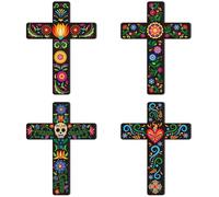 Haooryx Day of the Dead Floral Cross Tiered Tray Centerpieces - 4Pcs Mexican Floral Cross Spanish Style Wooden Sign Table Topper for School Office Home Church Decoration Desktop Photo Props Supplies