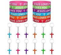 Haooryx Easter Bracelets Cross Keychains - 48Pcs Jesus Loves You Silicone Bracelet Religious Key Rings Colorful Rubber Wristbands Easter Basket Fillers Spring Holiday Birtdhay Party Favors Church Gift