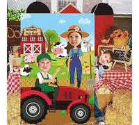 Haooryx Farm Animals Photo Door Banner Large Satin Fabric Photo Booth Props Backdrop Face in Hole Background Banner Decor Barnyard Animals Theme Birthday Party Decorations Supplies Party Game for Kids