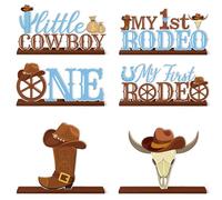 Haooryx My First Rodeo Wooden Centerpieces - 6Pcs Cowboy Blue ONE Letter Sign Table Centerpiece First Birthday Table Topper Party Decoration Boys One Year Old 1st Birthday Baby Shower Party Photo Prop