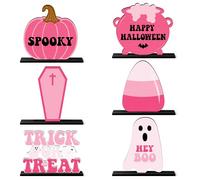 Haooryx Pink Halloween Wooden Centerpieces - 6Pcs Trick or Treat Wood Table Topper Pink Pumpkin Boo Coffin Corn Table Decoration for Halloween Decoration Birthday Party Dinner Home Desktop Wood Craft