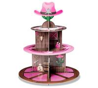 Haooryx Pink Western Cowgirl Cupcake Stand - 3 Tier Wild West Wooden House Barn Door Cupcake Tower Cardboard Dessert Holder for Western Cowgirl Theme Girls Birthday Party Baby Shower Table Supplies