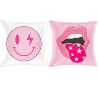 Haooryx Preppy Velvet Pillow Covers - 2 Pcs Hot Pink White Square Pillow Case Cover Envelope Closure Standard Size Brushed Microfiber Super Soft Stain Resistant Hidden Zipper Hotel Quality 18x18 Inch
