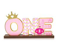 Haooryx Princess Glitter ONE Letter Sign Wooden Table Centerpieces Pink Tiara Shining Crown First Birthday Table Decoration for Baby Girls 1 Year Old Birthday Baby Shower Photo Prop Party Supplies