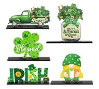 Haooryx St. Patrick's Day Wooden Centerpiece Decorations - 5Pcs Shamrock Blessed Irish Table Centerpiece Watercolor Detachable Table Topper Wood Sign St. Patricks Day Holiday Dinner Tray Party Supply