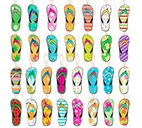 Haooryx Summer Decorative Hanging Ornaments - 31Pcs Summer Flip Flop Wood Hanging Ornaments Decorations Hawaii Beach Slippers Wooden Slices Gift Wrapping Tags Sign Pendant Tree Party Giftwrap Decor