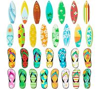 Haooryx Summer Decorative Hanging Ornaments - 31Pcs Surfboard Surfing Flip Flop Slippers Beach Wood Hanging Ornaments Decorations Hawaii Beach Slippers Wooden Slices Gift Wrapping Tag Pendant Giftwrap