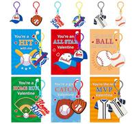Haooryx Valentine's Day Gift Card with Baseball Keychain - 30 Pack Cute Baseball Keychain with Greeting Card Sport Key Ring for Kid Classroom Exchange Gift Student Reward Sport Game Prizes Party Favor