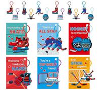 Haooryx Valentine's Day Gift Card with Hockey Keychain - 30 Pack Cute Hockey Keychain with Greeting Card Sport Key Ring for Kid Boy Classroom Exchange Gift Student Reward Sport Game Prizes Party Favor