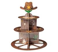 Haooryx Western Cowboy Party Decoration Cupcake Stand 3 Tier Wild West Wooden House Barn Door Cupcake Tower Cardboard Dessert Holder for Western Cowboy Theme Birthday Party Baby Shower Table Supplies