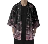 Haori Cardigan Men's Summer Long Sleeve Jacket Japanese Happi Kimono Cherry Blossom Print Shirt Jacket Japan Traditional Robe Loose Fit Cardigan Curly Airy Transition Jacket, O purple, XL