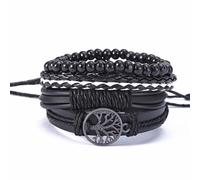 HAORQEE Mens Leather Bracelet, Tree of Life Beads Men’s Wristbands Bracelets, Multi-layer Vintage Braided Rope Adjustable Viking Wrist Bracelets Set Gifts for Men(Black)