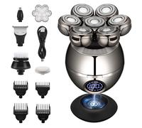 Haosens Electric Razor Head & Body Hair Shaver for Women & Men, 5 in 1 Grooming Kit - Rechargeable Wet/Dry Use Razor with 7D Floating Rotary Blades, Clippers, Nose Trimmer, Brush, Massager (Silver)