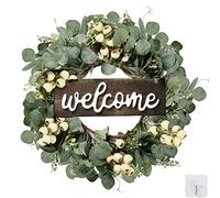 HAOSHICS Green Eucalyptus Wreath with Welcome Sign Artificial Eucalyptus Wreath Spring Summer Wreath with White Berries for Front Door Wall Window Festival Porch Farmhouse Patio Garden Decor (D)
