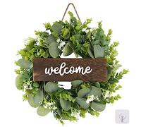 HAOSHICS Green Eucalyptus Wreath with Welcome Sign Artificial Eucalyptus Wreath Spring Summer Wreath with White Berries for Front Door Wall Window Festival Porch Farmhouse Patio Garden Decor (H)