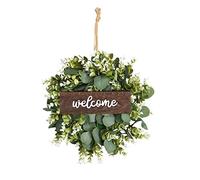 HAOSHICS Green Eucalyptus Wreath with Welcome Sign Artificial Eucalyptus Wreath Spring Summer Wreath with White Berries for Front Door Wall Window Festival Porch Farmhouse Patio Garden Decor (E)