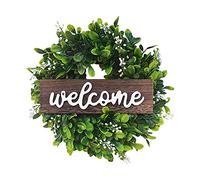 HAOSHICS Green Eucalyptus Wreath with Welcome Sign Artificial Eucalyptus Wreath Spring Summer Wreath with White Berries for Front Door Wall Window Festival Porch Farmhouse Patio Garden Decor (B)
