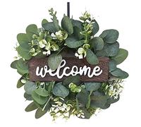 HAOSHICS Green Eucalyptus Wreath with Welcome Sign Artificial Eucalyptus Wreath Spring Summer Wreath with White Berries for Front Door Wall Window Festival Porch Farmhouse Patio Garden Decor (A)
