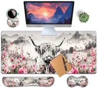 HaoSiTeck 4-Piece Extended Large Mouse Pad Set for Women Men with Highland Cow Design Includes 35.4 x 15.7 XXL Large Mouse Pad Keyboard Wrist Rest Mouse Wrist Support and Coaster for Office Home