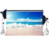 Haosphoto 10X8FT Sand Beach Backdrop Seaside Waves Blue Sky White Cloud Nature Summer Journey Ocean Sailing Romantic Vinyl Photography Background Girls Lover Wedding Party Photo Studio Props YB19