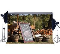 Haosphoto Happy Pumpkin Season Backdrop 9X6FT Vinyl Rural Farmland Pumpkins Backdrops Farm Cart Forest Trees Autumn Greeting Harvest Photography Background for Thanksgiving Day Photo Studio Props QB64
