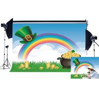 Haosphoto Happy St.Patrick's Day Backdrop 7X5FT Vinyl Lucky Irish Shamrock Backdrops Pot of Gold Leprechauns' Hat Golden Coins Rainbow Grass Meadow Photography Background for Photo Studio Prop QB233