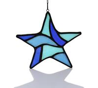 HAOSUM Blue Star Decoration Stained Glass Window Hanging,Glass Star Suncatcher for Living Room Bedroom Bathroom Kitchen, Birthday Gift for Boy Men Party