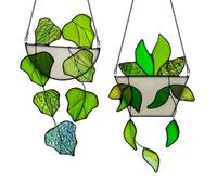 HAOSUM Green Plant Decor Stained Glass Window Hanging,Fake Plant Gifts for Women Suncatchers Indoor Window,Grape Leaves Decor for Mom Grandma Aunt Nana,Set of 2