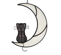 HAOSUM Grey Tabby Cat Gift,Tabby Cat on White Moon Decor Gift for Cat Lover,Gray Cat on Moon Sun Catcher Stained Glass Window Hanging Cat Decorations Gift for Women,Friends
