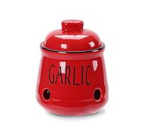 HAOTOP Garlic Keeper with Lid, Ceramic Mini Garlic Container Saver for Countertop, Keep Your Garlic Cloves Fresh, Red