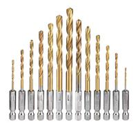 HaoTrade 13Pcs Titanium Coated HSS Twist Drill Bits, HSS Twist Drill, 1/4" Hex Shank High Speed Steel Drill Bit Set, Titanium Drill Bits Set, for Wood, Stainless Steel, Metal, Plastic, 1.5mm-6.5mm