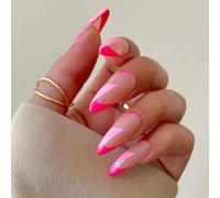 HaoTrade 24Pcs Almond Glossy Fake Nail, French Oval False Nail Medium with French Tip, Full Cover False Nails Nude Red Square Stick on Nails, Removable Glue-on Nail is Perfect for Girls' Nail Art